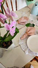 table decorated with purple flowers