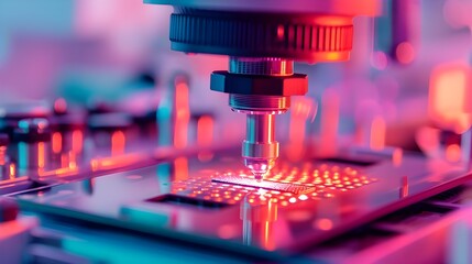 **Close-up of Silicon Die are being Extracted from Semiconductor Wafer and Attached to Substrate by Pick and Place Machine. Computer Chip Manufacturing at Fab. Semiconductor Packaging Process.