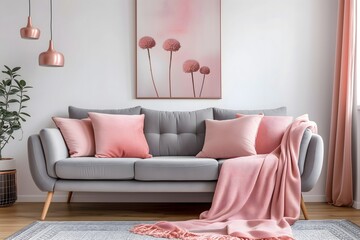 Experience modern interior design with a chic grey sofa accented by vibrant pink pillows and a blanket, complemented by abstract art on a white wall.
