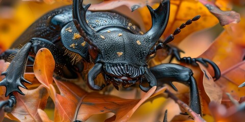 Intricate digital artwork of a stylized beetle on autumn leaves. detailed, surreal insect rendering. creative, high-quality nature illustration. AI