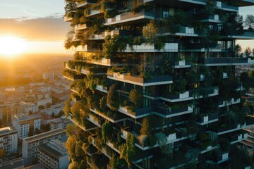 The city of the future with green gardens on the balconies