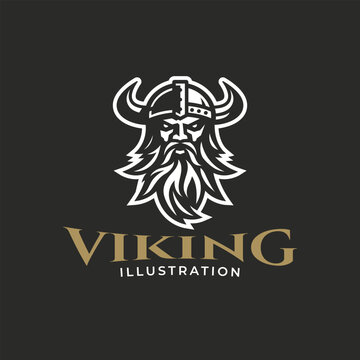 Viking logo design. Nordic warrior symbol. Horned Norseman emblem. Barbarian man head icon with horn helmet and beard. Brand identity vector illustration.