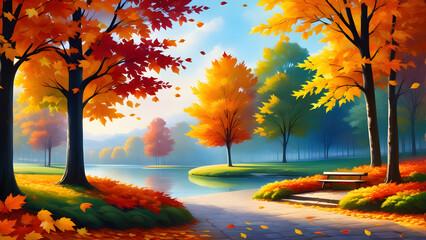 Naklejka na ściany i meble art beautiful autumn landscape with colorful foliage in the park falling leaves natural 