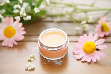 organic lip balm and flowers on table
