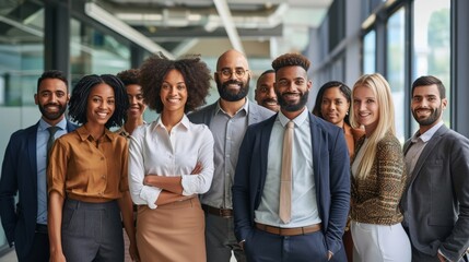 Obraz premium Portrait of successful group of business people at modern office looking at camera. Portrait of happy businessmen and satisfied businesswomen standing as a team. Multiethnic group of people smiling.