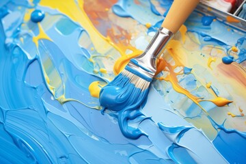 close-up of paintbrush drip of wet blue acrylic paint - obrazy, fototapety, plakaty