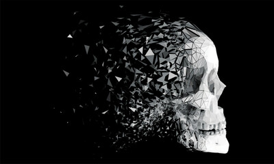 3D low-poly skull breaking apart with a fading dust effect. Vector polygonal skull disintegration. Head dispersion into particles.
