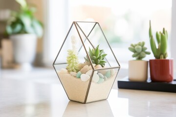 diamond-shaped terrarium with sand and small succulents