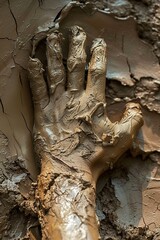 A person is showing his hand in mud.