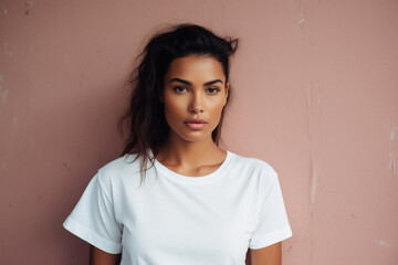 Fototapeta premium Young cool Latin woman hipster gen z model wearing mockup tshirt looking at camera on color background. Face skin care cosmetics makeup, fashion ads. Beauty portrait. White t-shirt mock up template .