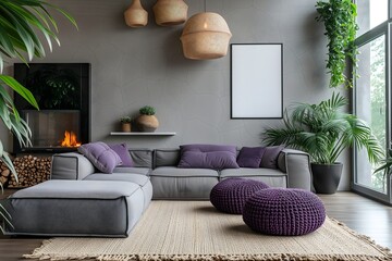 Cozy Scandinavian living room with knitted pouf, grey sofas adorned with purple pillows, and fireplace against a stylish grey wall.