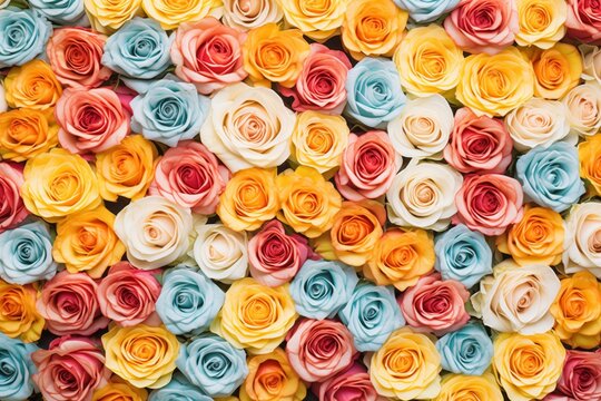 overhead view of a carpet of multicolored floribunda roses
