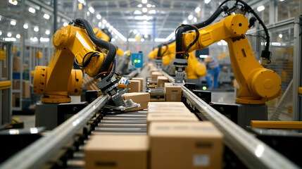 Workers operating machinery to package products, showcasing the automation involved in fulfilling production quotas