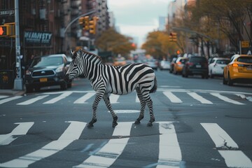 Zebra crosses the street on a zebra crossing. - obrazy, fototapety, plakaty
