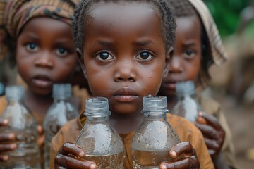 Sad african child with water.