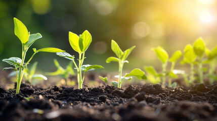young green seedlings sprout from fertile soil, growth 
in sustainable agriculture, sunlight and organic environment