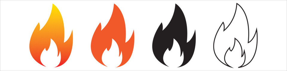 Flames icons. Flame silhouettes isolated in white background. Black firing icons, warning symbols set of 4 different catagory. Burning vector eps 10.