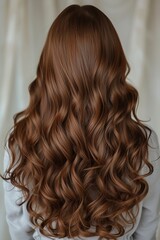 Fototapeta premium Back view of a girl with beautiful wavy brown hair.