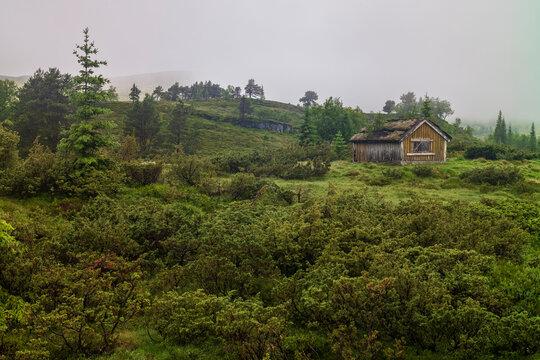 Abandoned seter mountain farm landscape near the village of Utvik, Norway