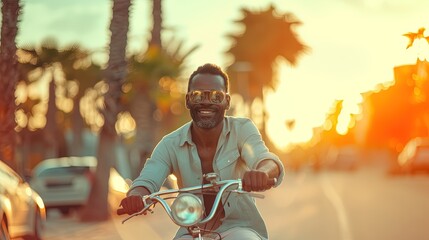 Happy African American man riding a bicycle.
