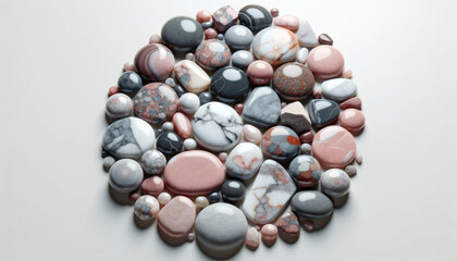 Collection of polished stones on a white background