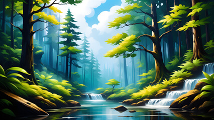 painting art custom deep forest cards backgrounds. tropical forest in the jungle