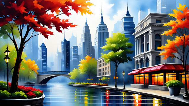 painting art cityscape greeting cards backgrounds. view of the city