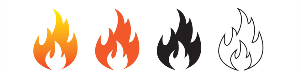 Flames icons. Flame silhouettes isolated in white background. Black firing icons, warning symbols set of 4 different catagory. Burning vector eps 10.