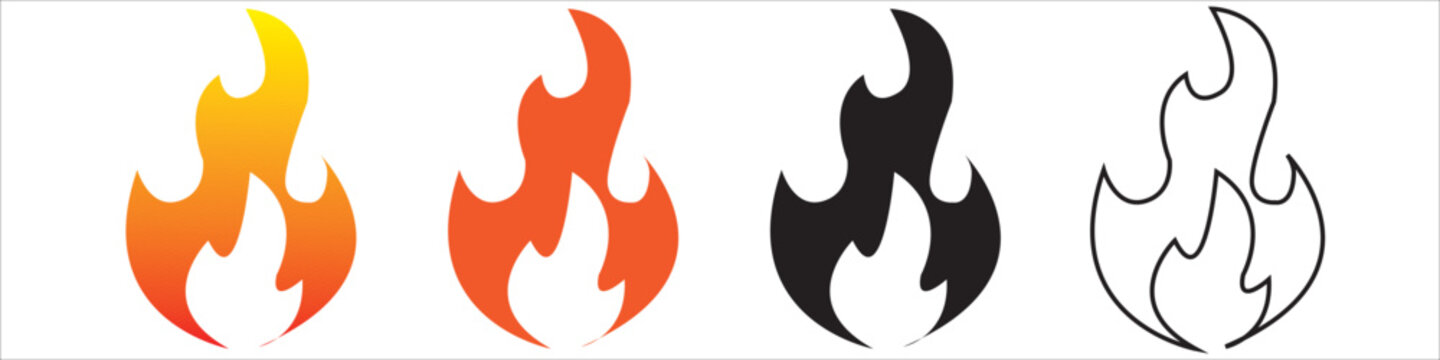 Flames icons. Flame silhouettes isolated in white background. Black firing icons, warning symbols set of 4 different catagory. Burning vector eps 10.