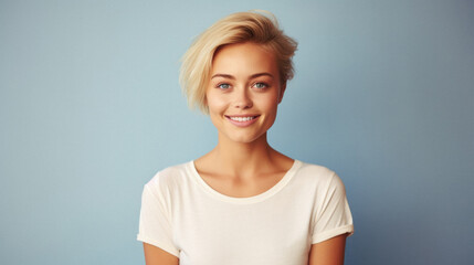 Obraz premium Young happy woman, smiling gen z girl model wearing tshirt looking at camera standing on color background. Face skin care cosmetics makeup, fashion ads. Beauty portrait. White t-shirt mock up template