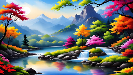painting art custom nature greeting cards backgrounds. landscape with lake and mountains. for wall art decor and background wallpaper, greeting cards, stationery, wedding invitations, and decorations.
