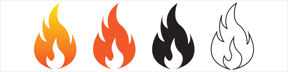 Flames icons. Flame silhouettes isolated in white background. Black firing icons, warning symbols set of 4 different catagory. Burning vector eps 10.
