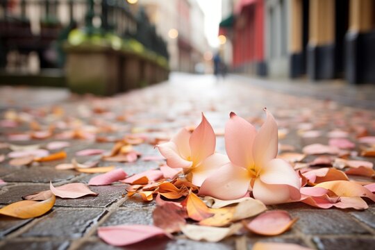 fallen magnolia petals on a cobblestone street