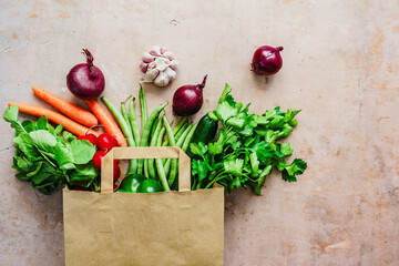 Frisches Gemüse in einer Papier Einkaufstasche. Draufsicht, gesunde Ernährung.