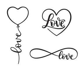 Word Love forming heart, heart shaped balloon and infinity symbol. Set of romantic hand lettered compositions
