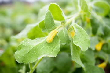 close shot of dew drops on broad bean leaves