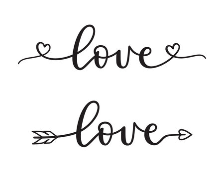Love hand lettering with hearts. Word Love forming heart shaped arrow. Romantic calligraphy set