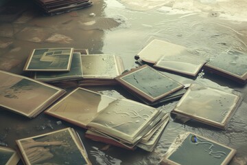 waterlogged photo albums spread out on a damp floor - obrazy, fototapety, plakaty