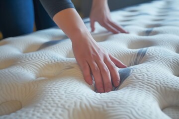 shopper pressing down on a mattress to feel the material response