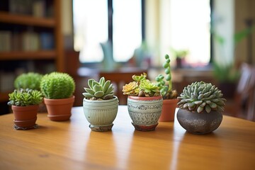 medium shot of succulents in ceramic pots on a wooden table