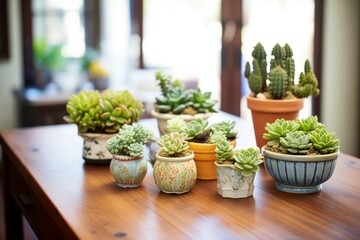 Fototapeta na wymiar medium shot of succulents in ceramic pots on a wooden table