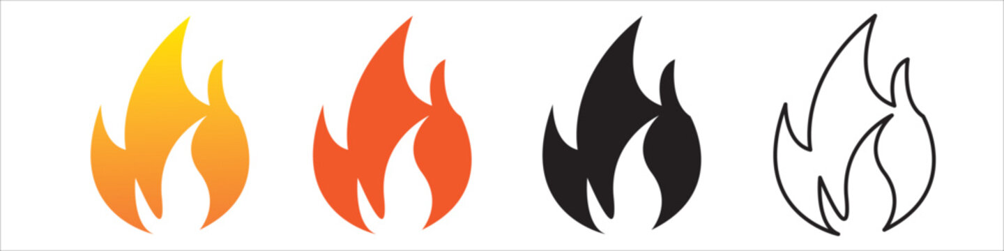 Flames icons. Flame silhouettes isolated in white background. Black firing icons, warning symbols set of 4 different catagory. Burning vector eps 10.