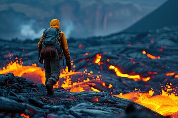 Man hiking near lava.