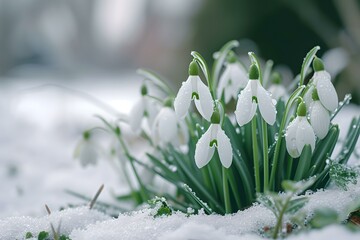 Early spring snowdrops emerging through snow. nature ephemerality captured. perfect for seasonal themes. serene botanical image. AI
