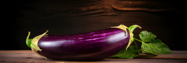 Glossy Deep Purple Eggplant Against Rustic Wooden Backdrop Under Natural Sunlight