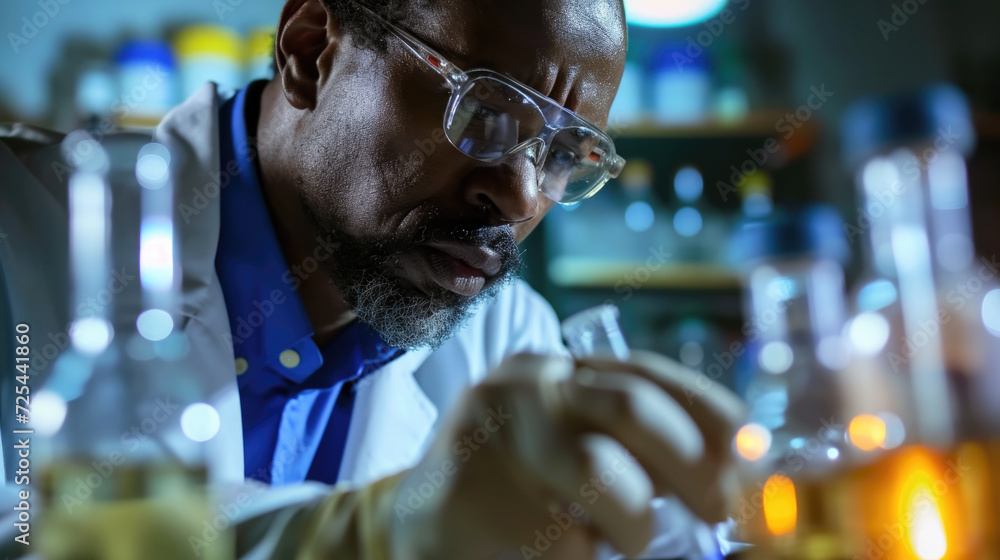 Poster man in lab coat is focused on checking his smart phone. this image can be used to depict scientist o
