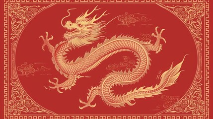 Happy Chinese new year poster with gold dragon, red backgrounds, the year of the dragon.
