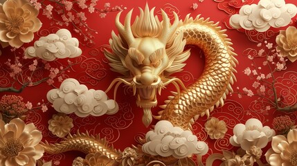 Chinese new year, template design with gold Chinese dragons and flowers, the year of the dragon, red background.
