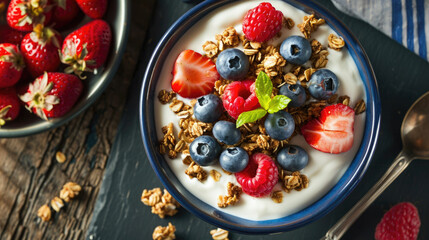 Delicious bowl of yogurt topped with fresh strawberries and blueberries. Perfect for healthy breakfast or snack