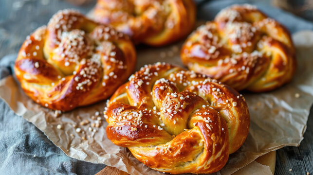 Couple of pretzels sitting on top of piece of paper. Versatile image that can be used in various food-related projects